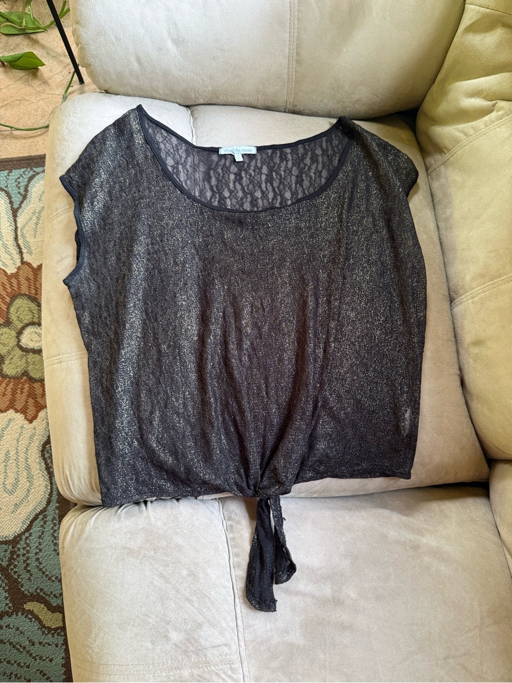 Charlotte Russe Black Shimmery Lace-Back Tie-Front Crop Top